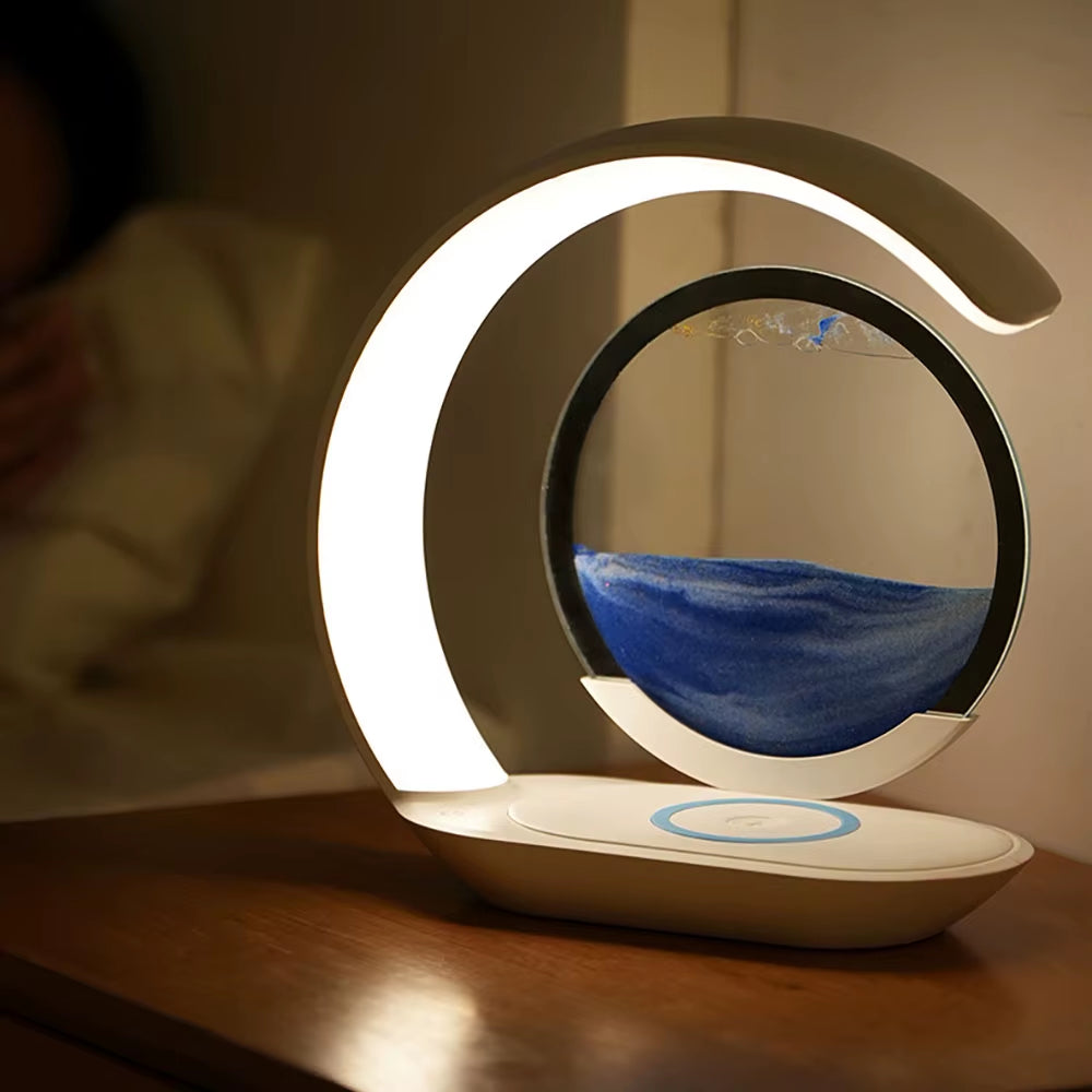 Quicksand Table Lamp with USB Wireless Charging - 3D Hourglass Sand Painting Night Light for Office Decor