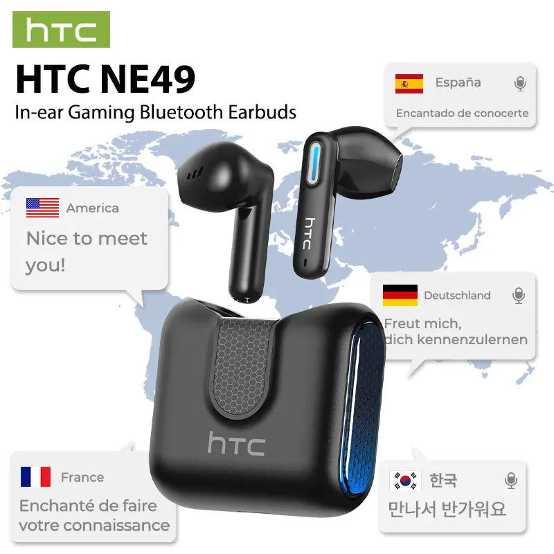 HTC NE49 Wireless Earbuds - Bluetooth 6.0 Gaming Headsets with High Fidelity Sound, IPX5 Waterproof Rating, Ideal for Office, Sports, Study, and Audio Calls, Featuring Built-In Microphone and TWS Technology