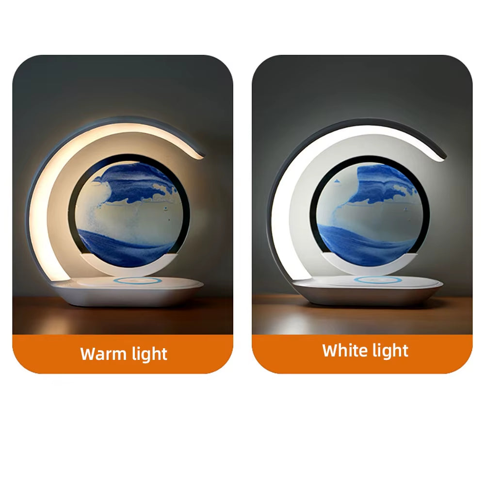 Quicksand Table Lamp with USB Wireless Charging - 3D Hourglass Sand Painting Night Light for Office Decor
