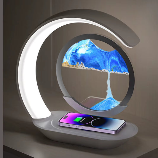 Quicksand Table Lamp with USB Wireless Charging - 3D Hourglass Sand Painting Night Light for Office Decor